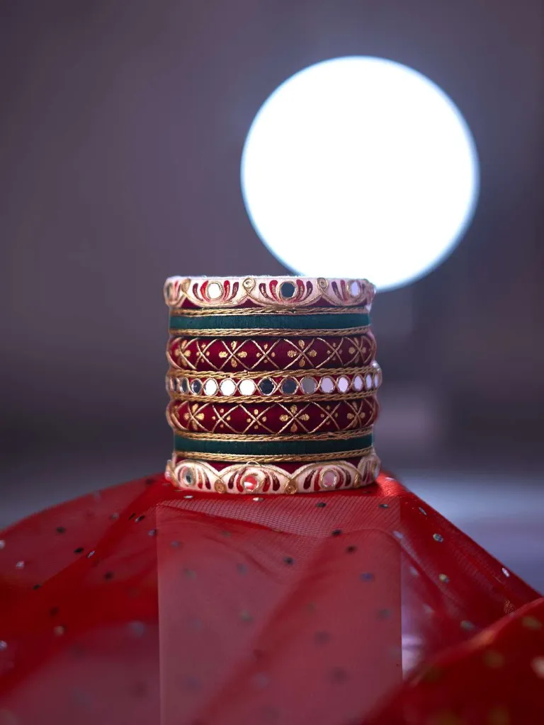 Sharvari Mirrorwork Handpainted Bangles - Vibrant White, Maroon and Green